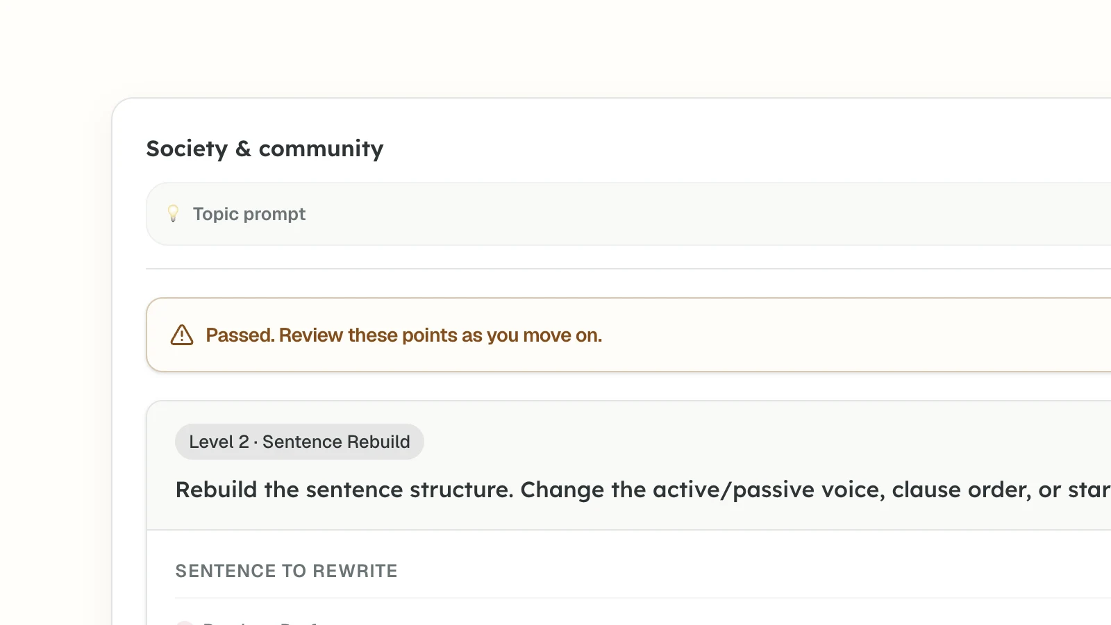 Practice screen showing a passed rewrite with a suggested improvement