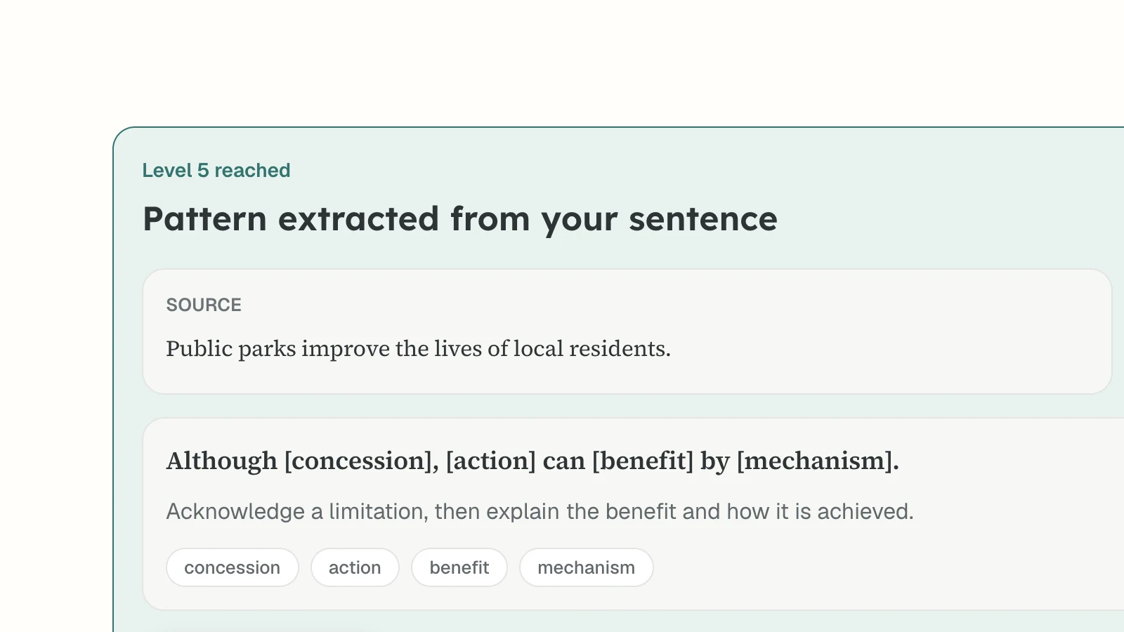 Completion screen showing a final sentence, reusable pattern, and Save to library